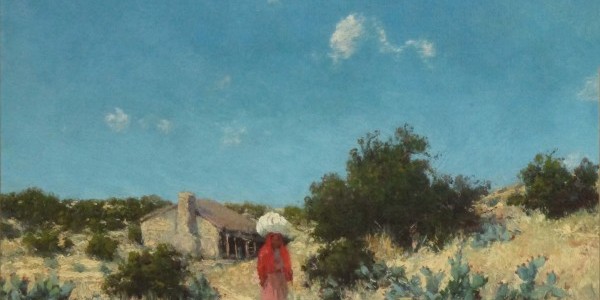 Julian Onderdonk, signed Chas. Turner, untitled (Mexican Woman with Jacal), n.d. (ca. 1905), 8 X 12", oil on canvas. Julian painted a number of scenes like this with Hispanic women, a jacal or rural dwelling, the Juniper and cacti, often the scenes were in the abandon quarry to the north of his family home.