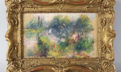 Pictured is a long unviewed painting, Pierre-Auguste Renoir's "Paysage Bords de Seine", that was recently unknowingly purchased at a Virginia flea market and will be sold at The Potomack Company auction gallery in Alexandria, VA on September 29. The auction gallery estimates the painting will sell for $75,000-100,000. PR Newswire (http://s.tt/1mzDN)